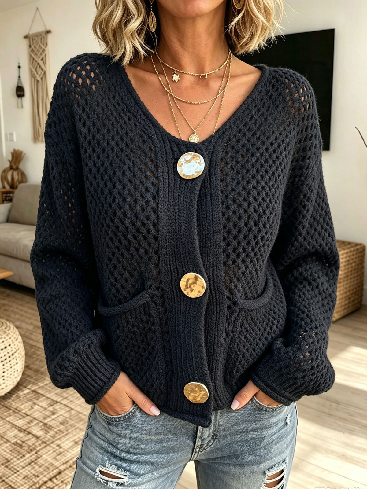 Women V‑Neck Hollow Knit Cardigan With Oversized Decorative Buttons & Pockets