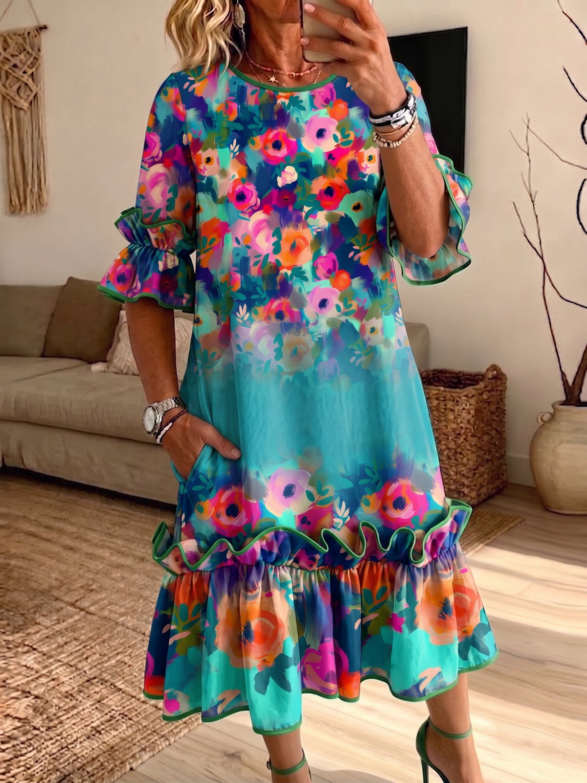 Women Vibrant Floral Print Ruffle Midi Dress Loose Short Sleeve Dress With Pockets