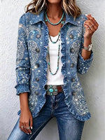 Retro Floral Shiny Pattern Art Print Ruffle Casual Stylish Denim Lapel Coat