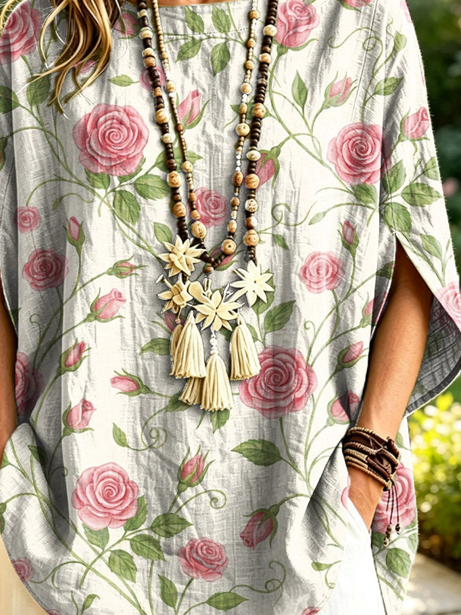 Women's Floral Pattern Art Print Casual Short Sleeve Cotton Linen Shirt