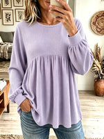 Women's Waffle Knit Long Sleeve Babydoll Top, Round Neck Puff Sleeve Loose Flowy Blouse