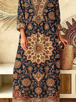 Retro Ethnic Floral Pattern Art Print Casual V-neck Cotton Linen Maxi Dress