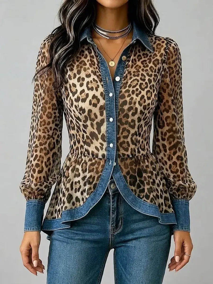 Retro Chic Long Sleeve Leopard Pattern Casual Stylish Denim Patchwork Shirt