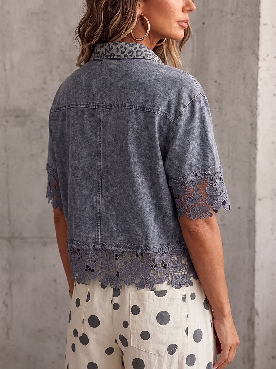 Vintage Elegant Openwork Lace Patchwork Denim Shirt