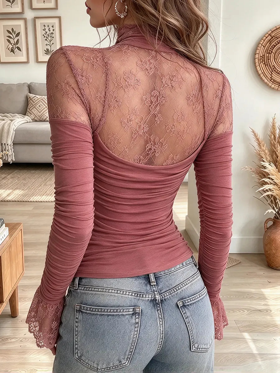 Women's Lace Mock Neck Long Sleeve Ruched Fitted Blouse