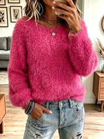 Vintage Chic Round Collar Fuzzy Art Casual Stylish Long Sleeve Top