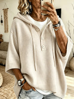 Women's Oversized Half Button Hooded Knit Top, 3/4 Sleeve Loose Casual Sweater