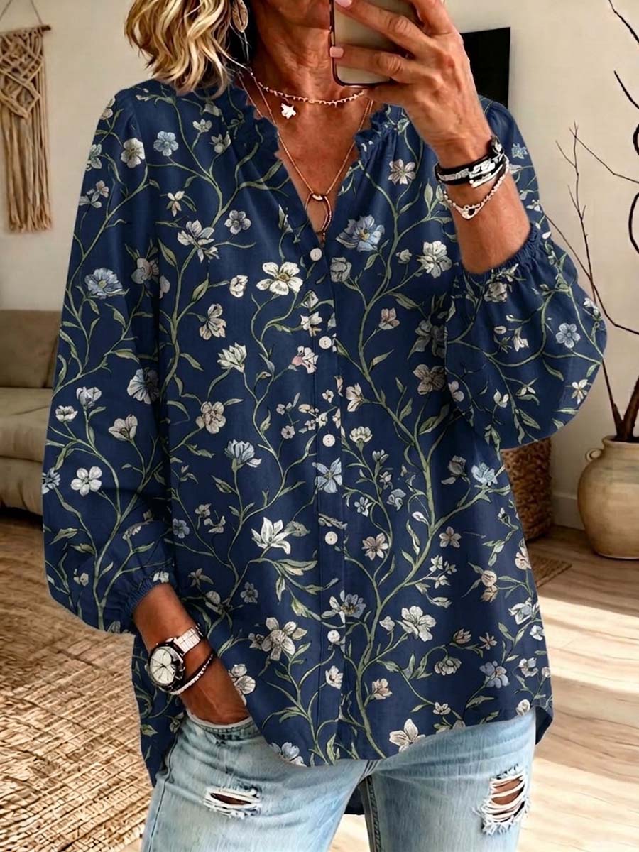 Retro Floral Pattern Art Print Casual Long Sleeve Cotton Linen Shirt