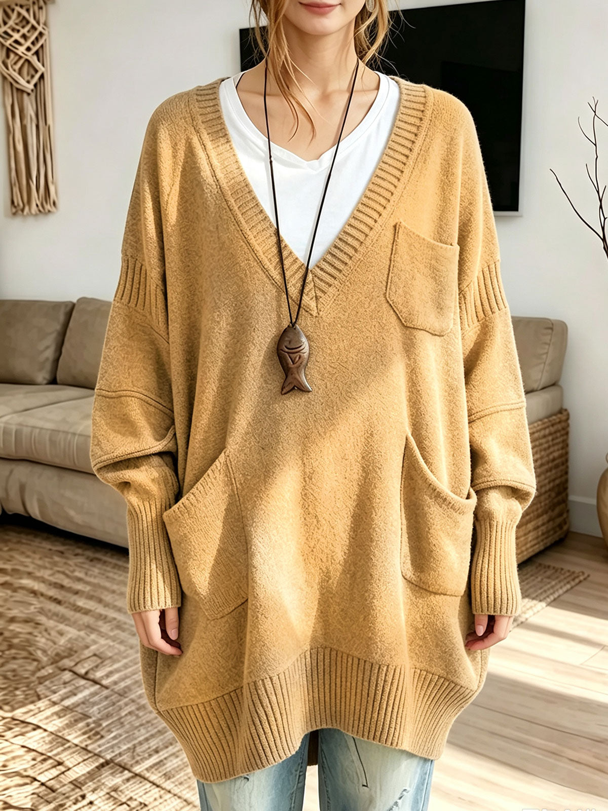 Women Oversized V‑Neck Multi‑Pocket Loose Long Knit Sweater