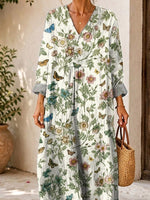 Retro Floral Butterfly Pattern Art Print Casual V-neck Long Sleeve Cotton Linen Maxi Dress