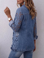 Vintage Elegant Hollowed Out Lace Patchwork Denim Ruffled Jacket