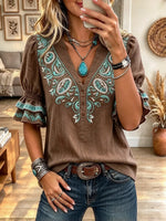Women's V Neck Boho Western Turquoise Floral Blouse