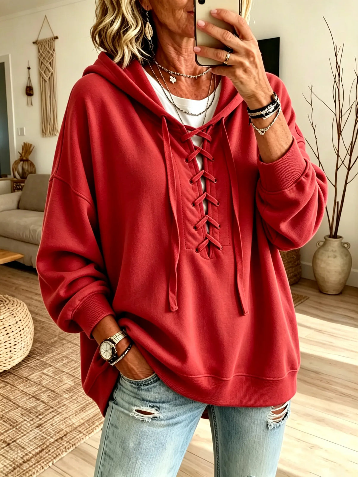 Women Light Blue Front Lace-Up V-Neck Oversized Drop Shoulder Hoodie