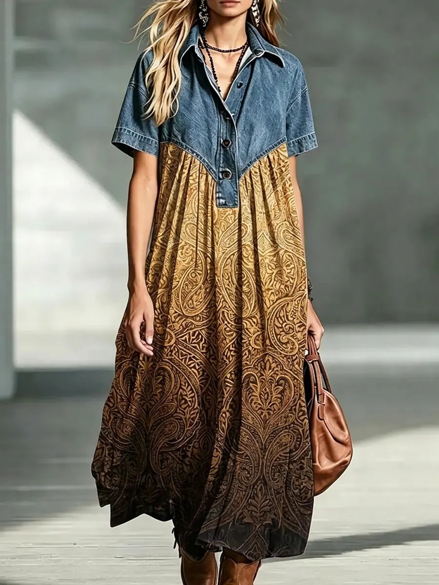 Retro Floral Pattern Art Print Casual Stylish Lapel Denim Patchwork Dress
