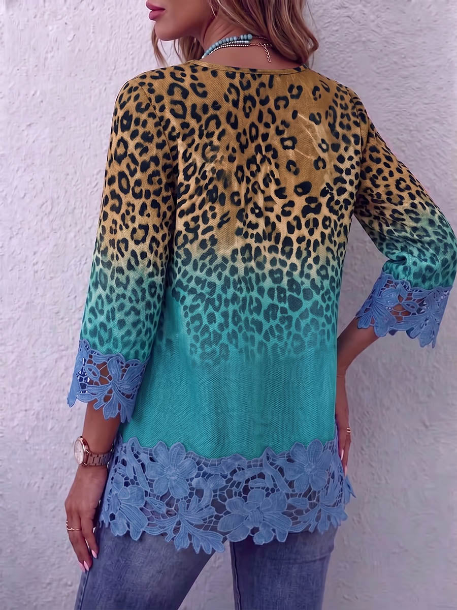 Vintage Elegant Pattern Print Patchwork Hollowed Out Lace Shirt