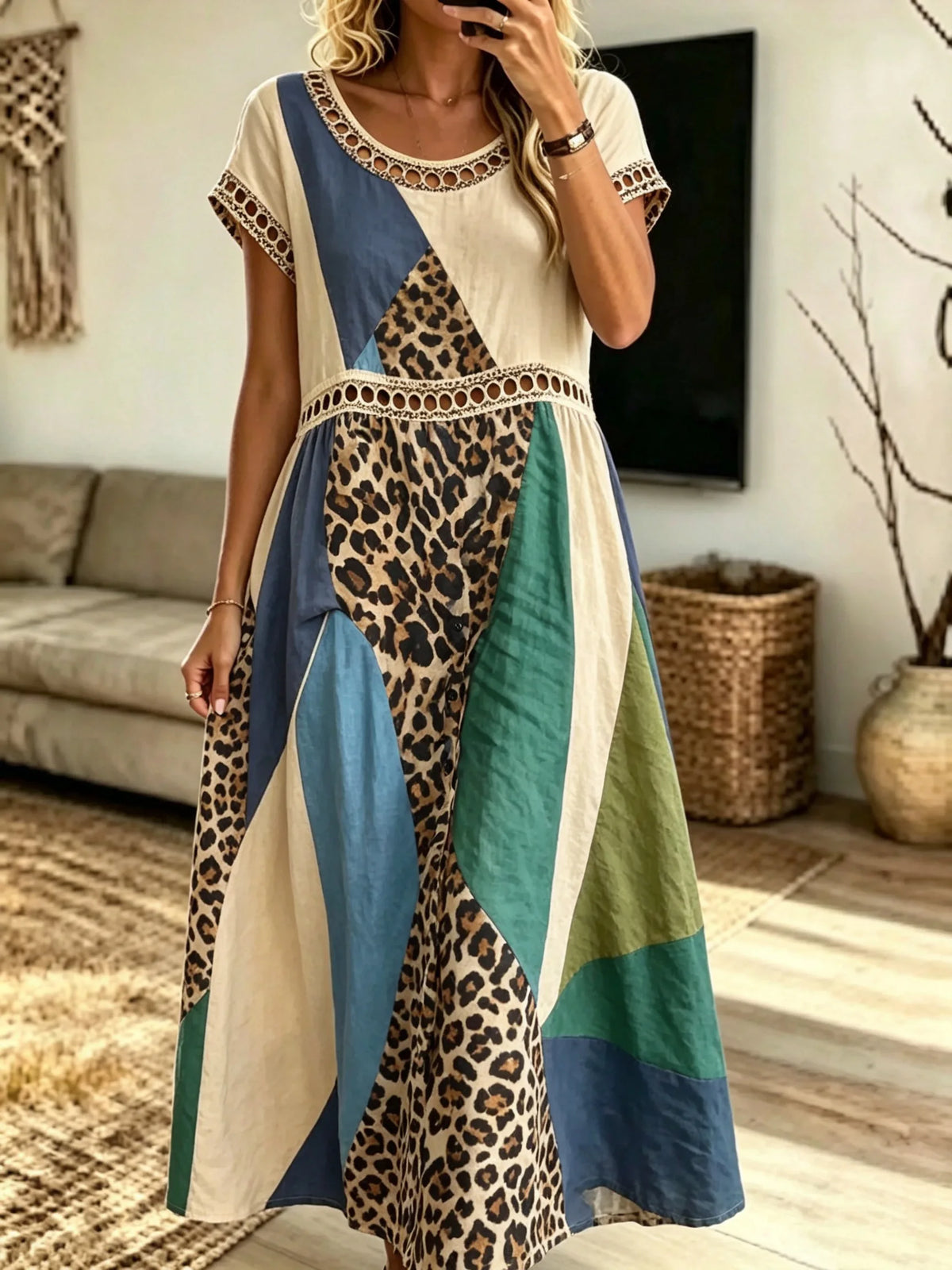 Women's Leopard Geometric Color Block Patchwork Hollow Short Sleeve Midi Dress