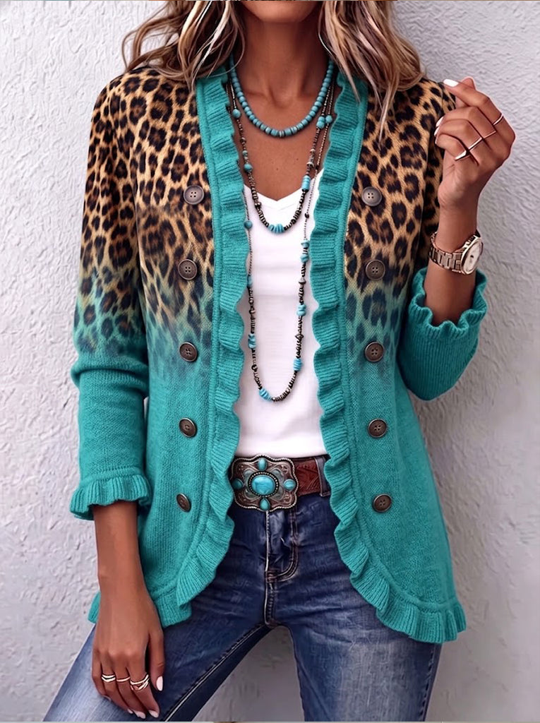 Turquoise Leopard Gradient Ruffle Trim Knit Cardigan