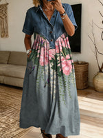 Women’s Denim Spliced Hummingbird Floral Print Midi Shirt Dress With Pockets