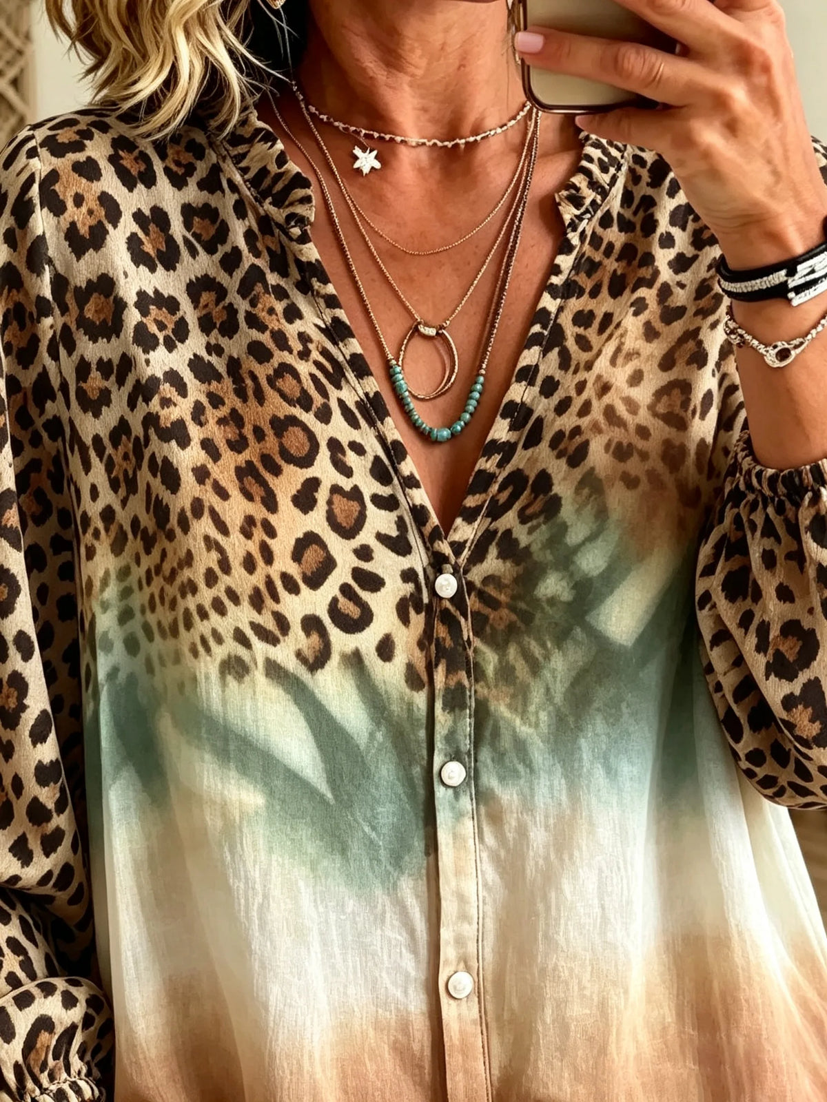 Women's Leopard Gradient Tie-dye Patchwork V-neck Lantern Sleeve Blouse
