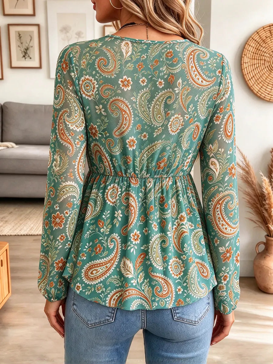 Retro Ethnic Floral Pattern Art Print Casual Stylish Long Sleeve Mesh V Collar Shirt