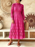 Women's Solid Hollow Lace Long Sleeve Midi Dress