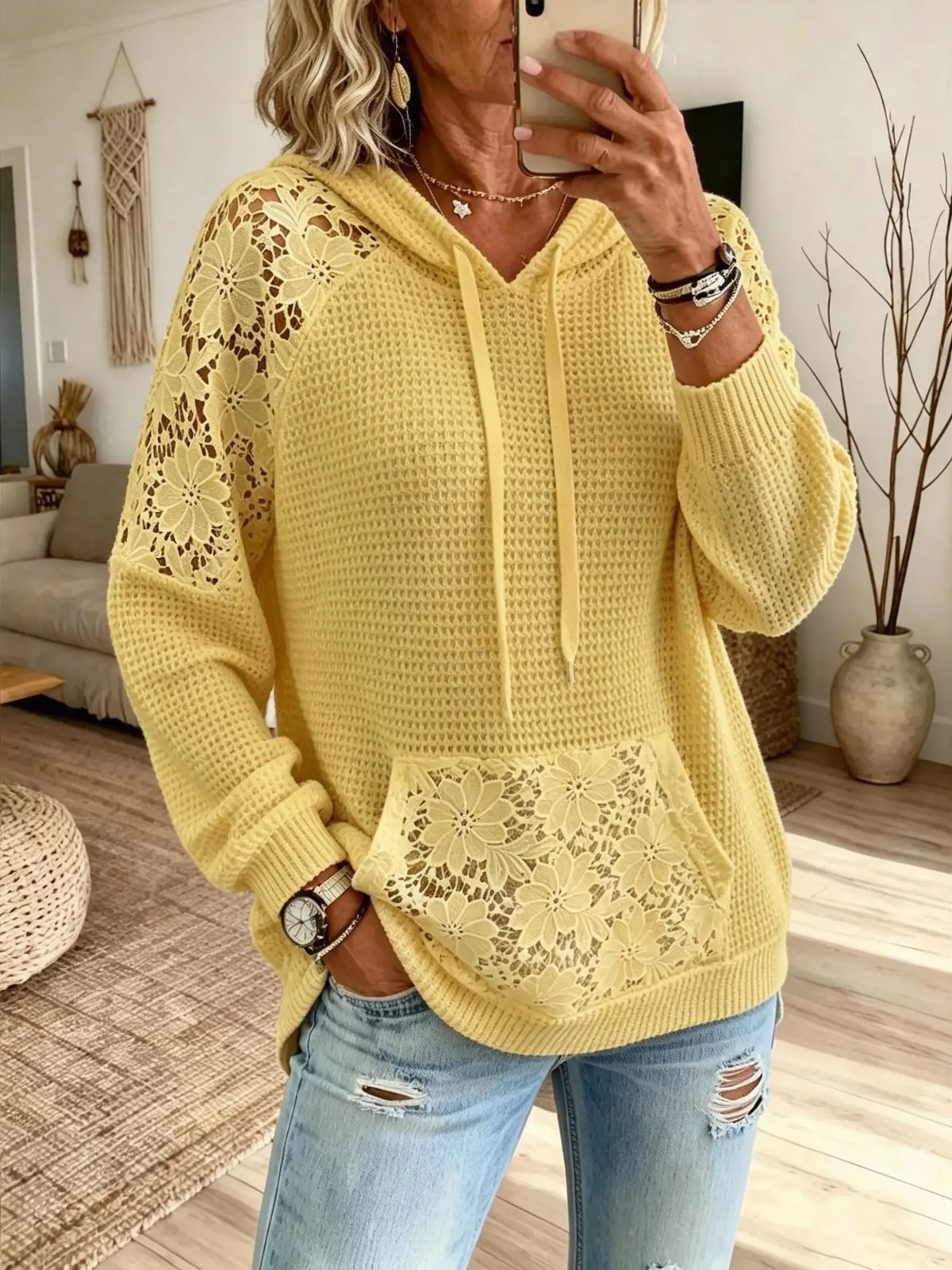 Women Floral Hollow‑Out Mesh Hooded Knit Sweatshirt