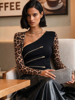Women's Leopard Print Sleeve Gold Zipper Decor Slim Fitted Going Out Blouse