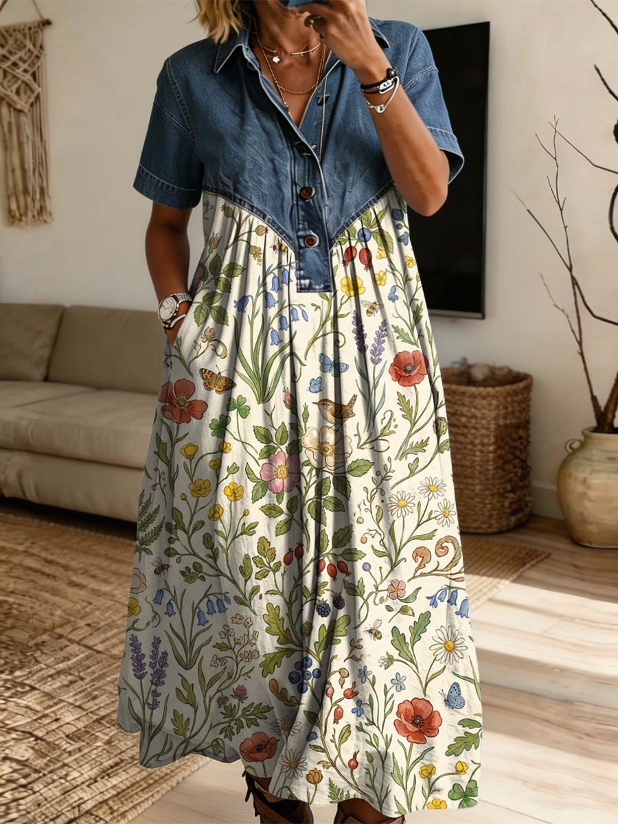 Vintage Floral Pattern Art Print Casual Stylish Lapel Denim Patchwork Dress