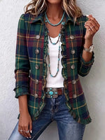 Retro Plaid Pattern Art Print Ruffle Casual Stylish Cotton Lapel Coat