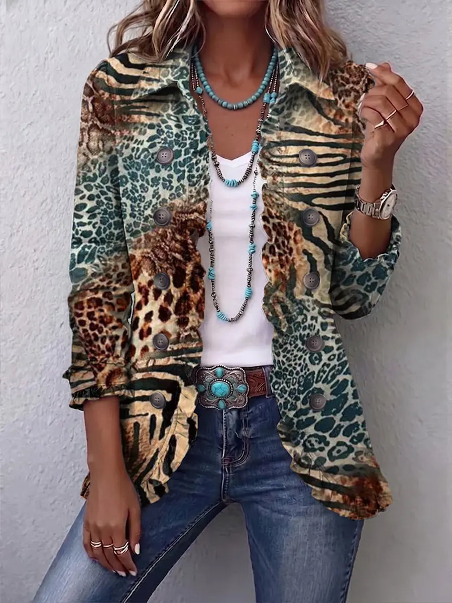Retro Leopard Pattern Art Print Ruffle Casual Stylish Cotton Lapel Coat