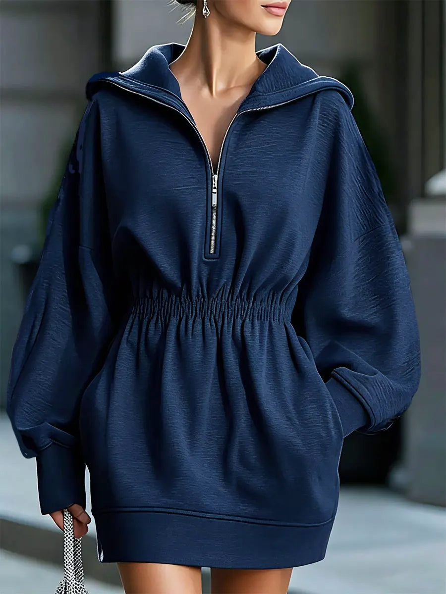 Retro Solid Color Hooded Art Casual Stylish Short Sweatshirt Mini Dress