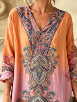 Women Gradient Orange Pink Paisley V-Neck Loose 3/4 Sleeve Maxi Dress