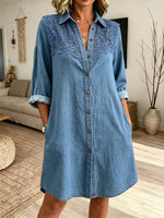 Women Solid Hollow Lace Spliced Long Sleeve Denim Shirt Mini Dress