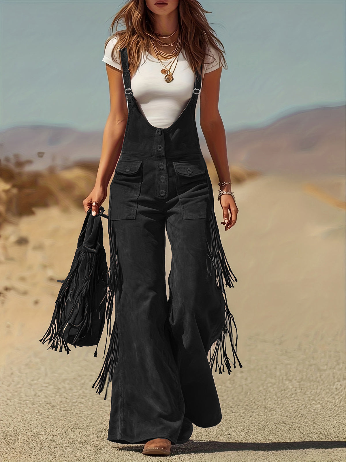 Women Brown Corduroy Fringe Flare Overalls Jumpsuit