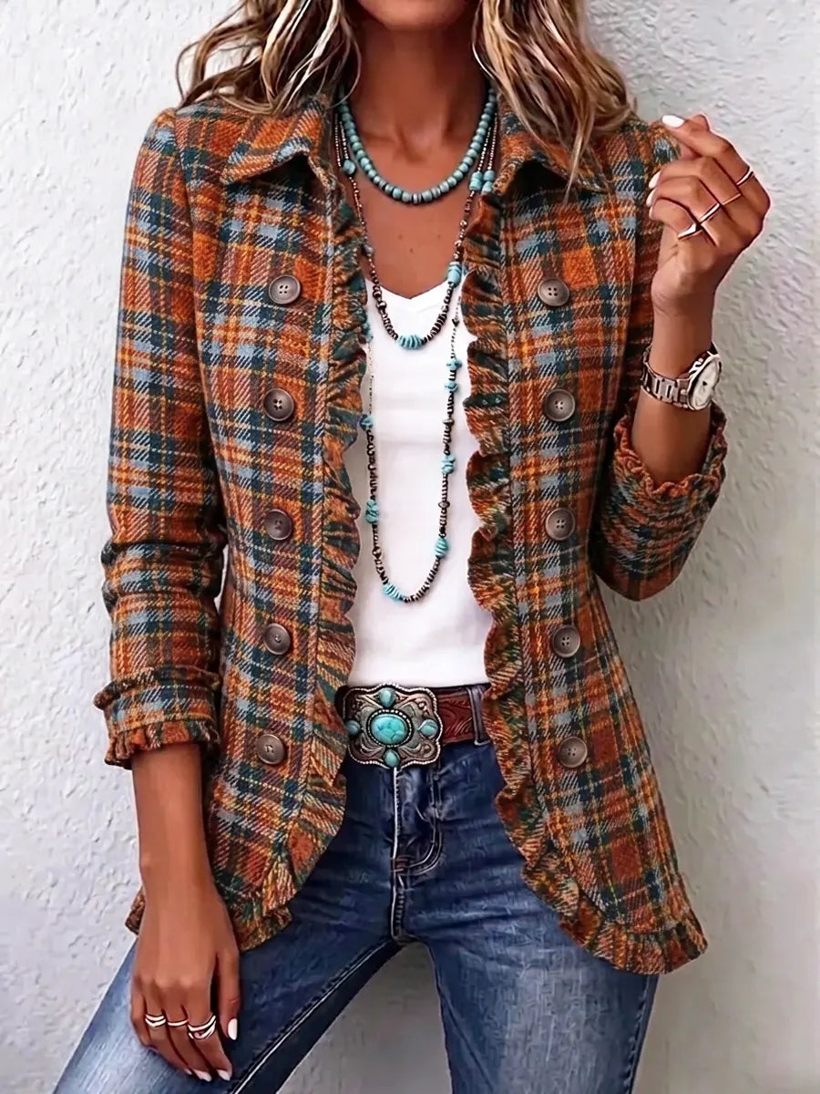 Retro Plaid Pattern Art Print Ruffle Casual Stylish Cotton Lapel Coat