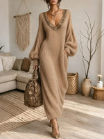 Women's Bohemian V-neck Lantern Sleeve Loose Sweater Maxi Dress