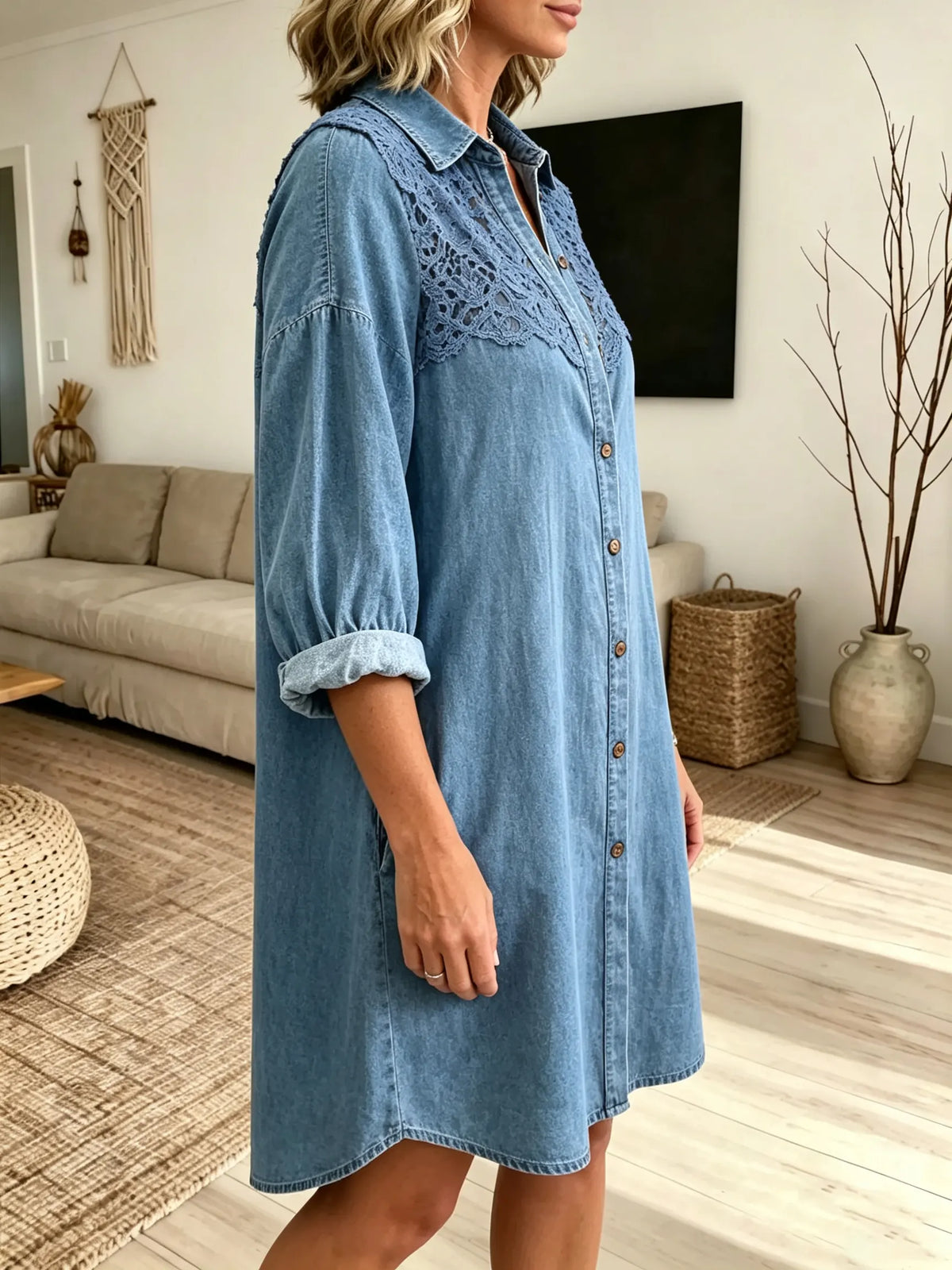 Women Solid Hollow Lace Spliced Long Sleeve Denim Shirt Mini Dress