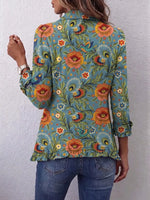 Retro Floral Birds Art Pattern Print Ruffle Casual Stylish Cotton Lapel Coat