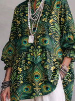 Retro Floral Peacock Feather Art Pattern Print Ruffle Casual Stylish Cotton Linen Shirt