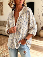 Retro Floral Pattern Art Print Casual Long Sleeve Cotton Linen Shirt