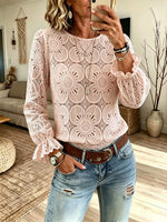 Women's Floral Hollow‑Out Lace Ruffle Long Sleeve Top