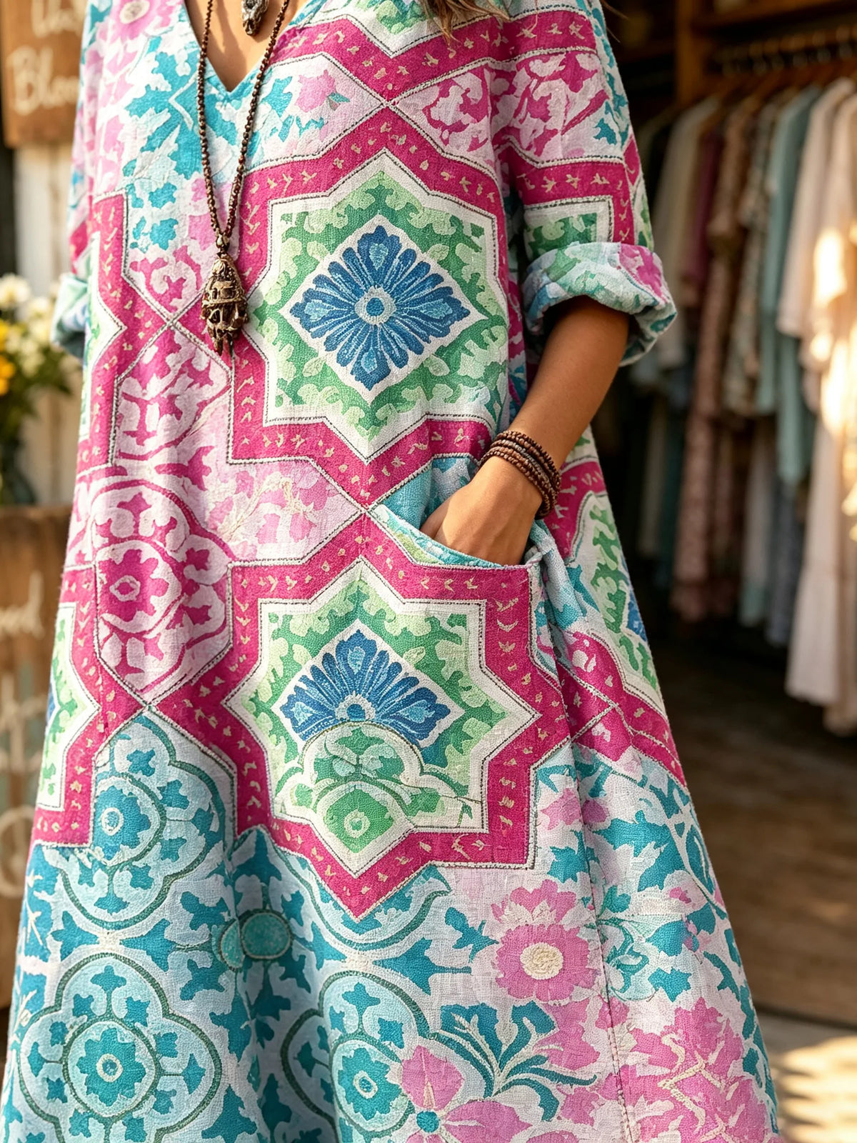 Women's Ethnic Geometric Diamond Color Block Print V-neck Maxi Dress