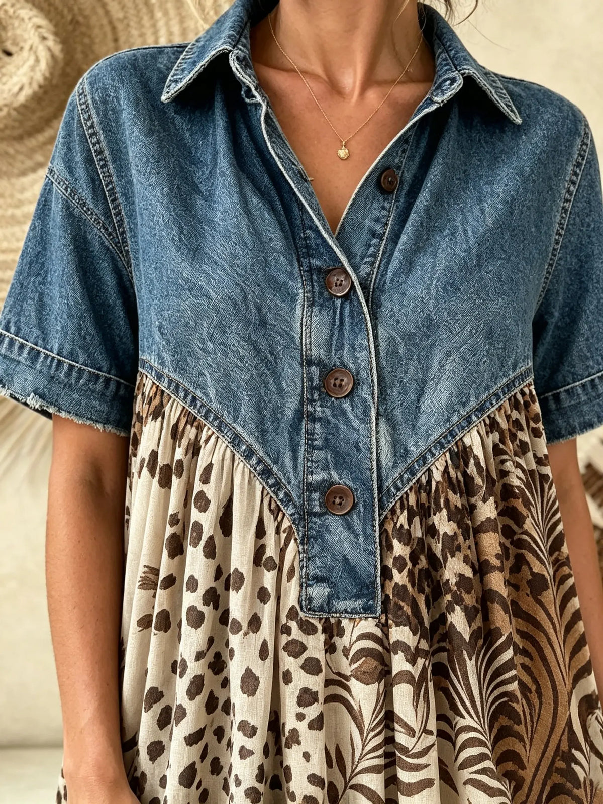 Women Leopard Palm Leaf Print Short Sleeve Denim Spliced Maxi Dress