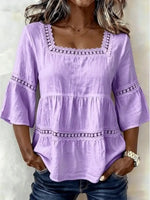 Retro Elegant Lace Floral Hollow Square Collar Casual Stylish Cotton Shirt