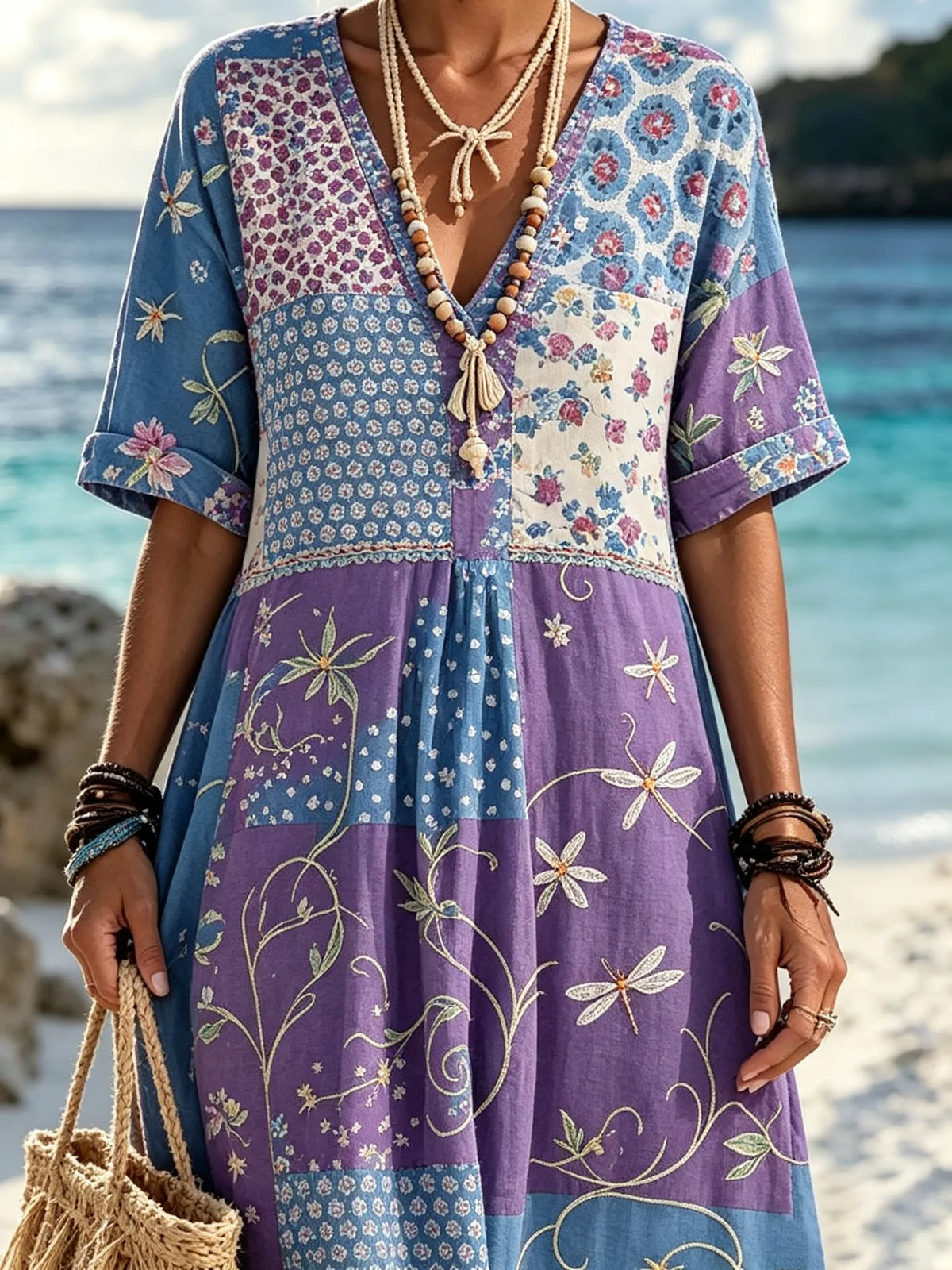 Women Purple Blue Patchwork Dragonfly Tiny Floral Print Maxi Dress