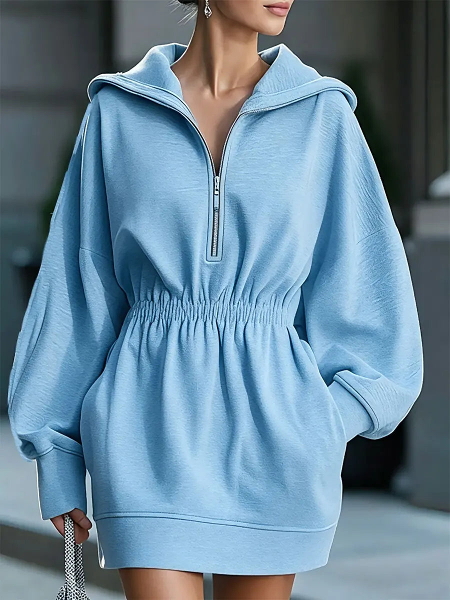 Retro Solid Color Hooded Art Casual Stylish Short Sweatshirt Mini Dress