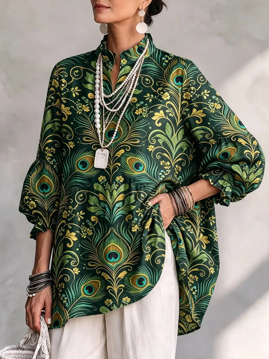 Retro Floral Peacock Feather Art Pattern Print Ruffle Casual Stylish Cotton Linen Shirt