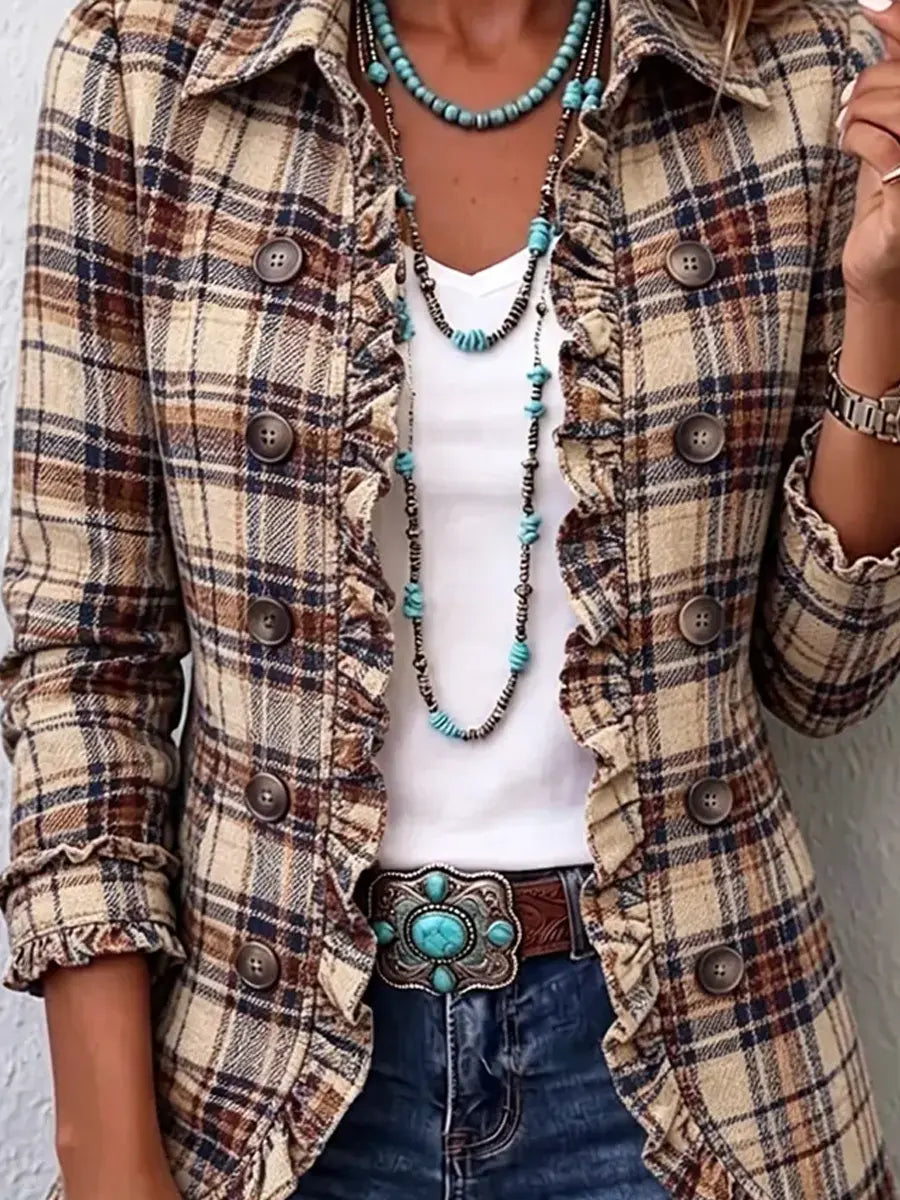 Retro Plaid Pattern Art Print Ruffle Casual Stylish Cotton Lapel Coat