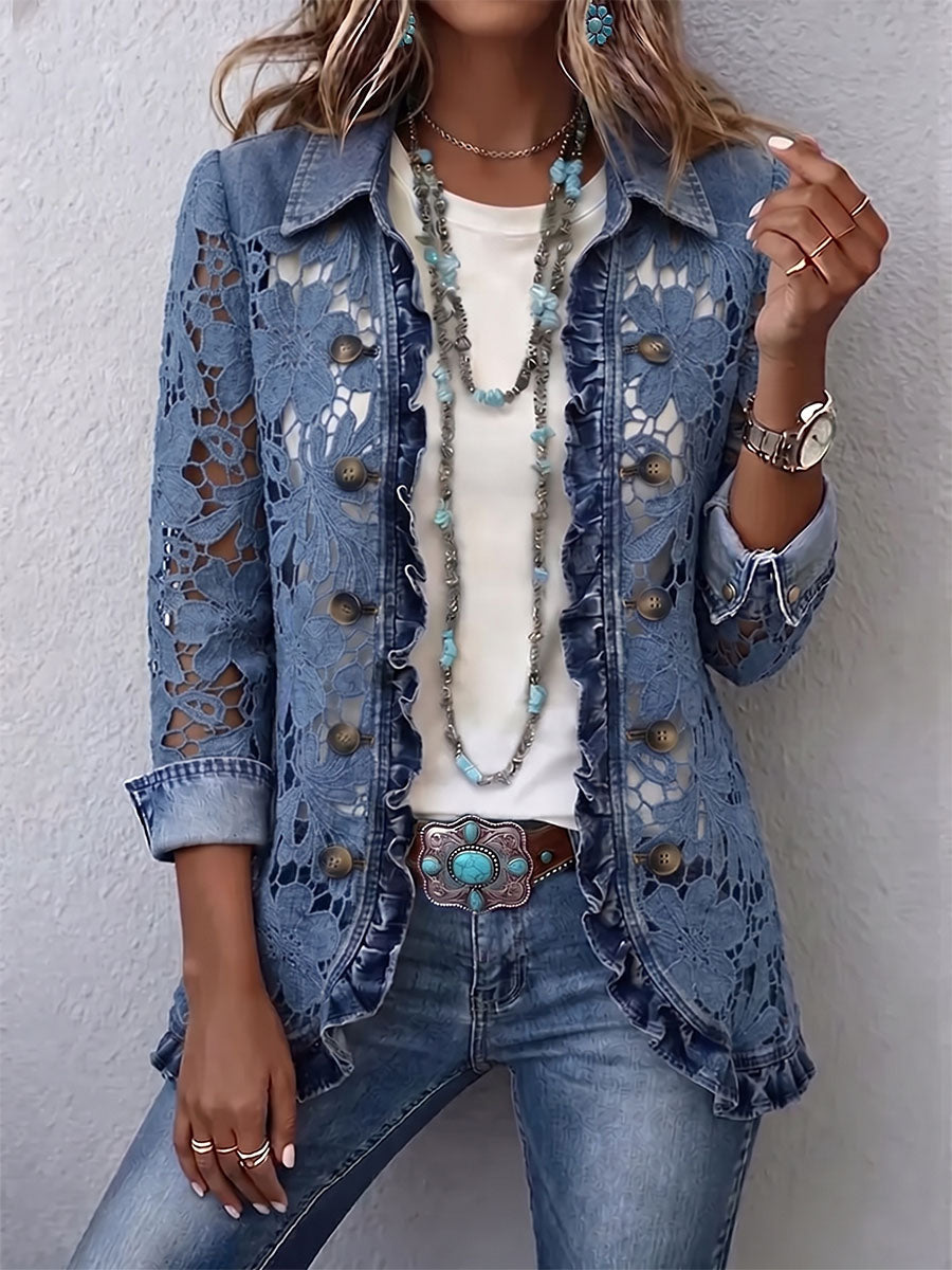 Vintage Elegant Hollowed Out Lace Patchwork Denim Ruffled Jacket