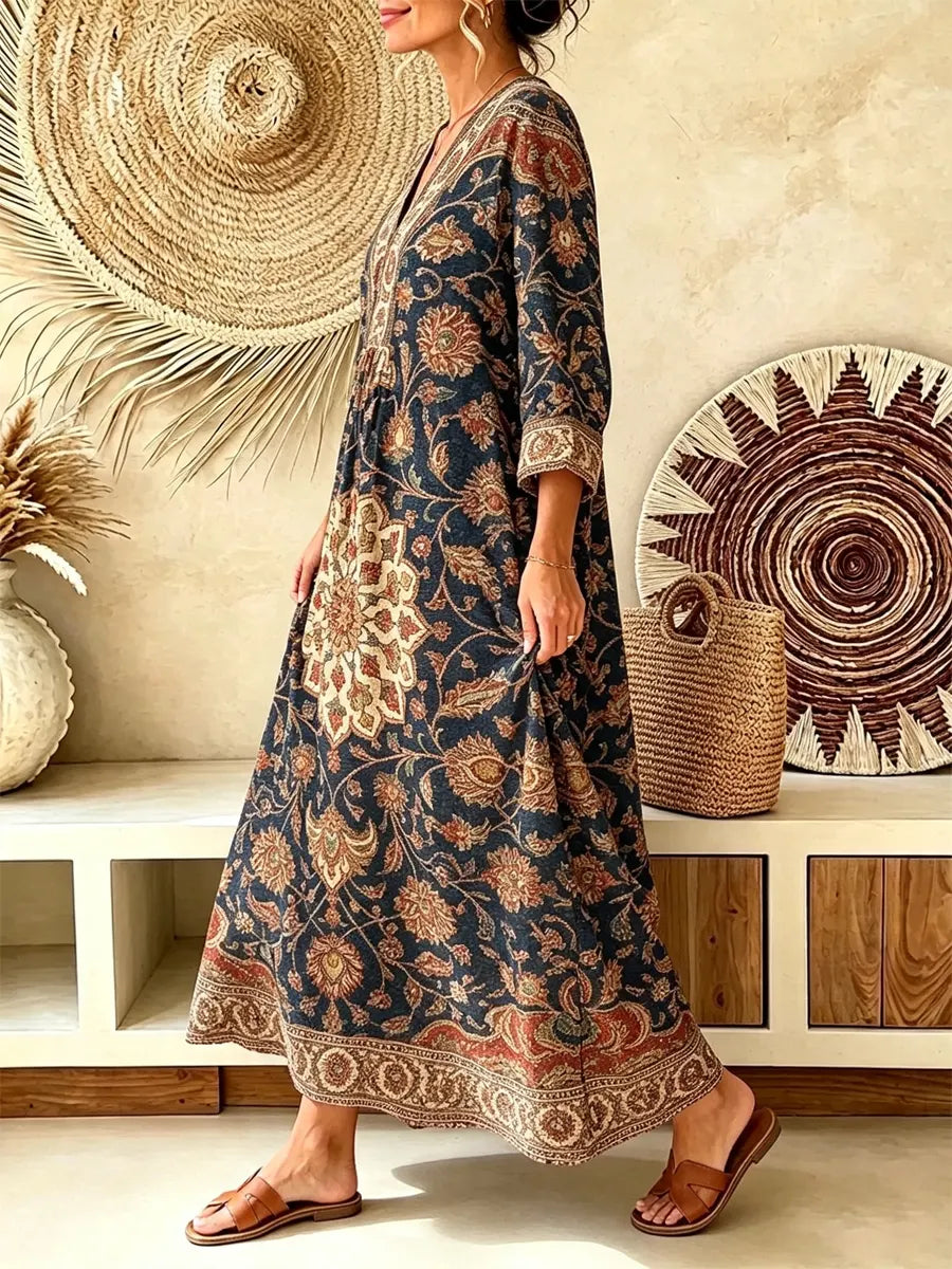 Retro Ethnic Floral Pattern Art Print Casual V-neck Cotton Linen Maxi Dress